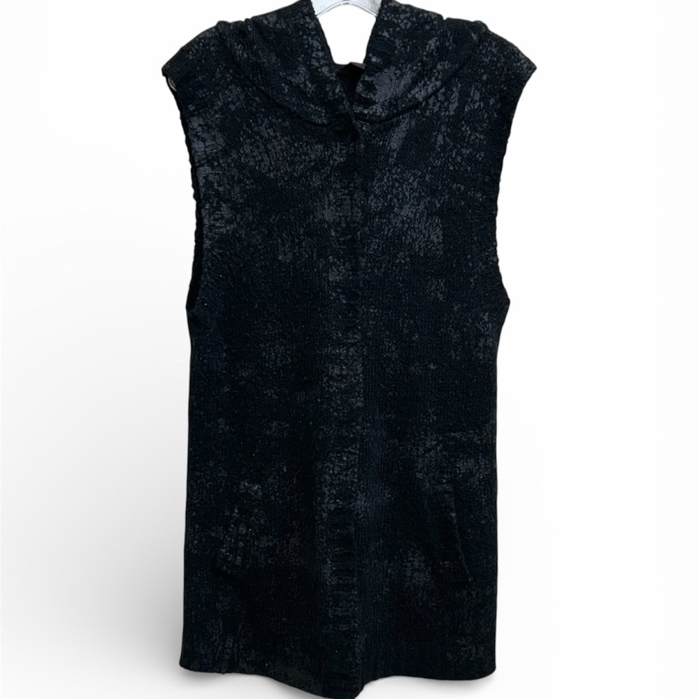 Simon Chang Textured Black Knit Sleeveless Hooded Vest Distressed Size Medium
